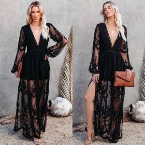 NEW Black Lace V-neck Long Sleeve Boho Maxi Dress